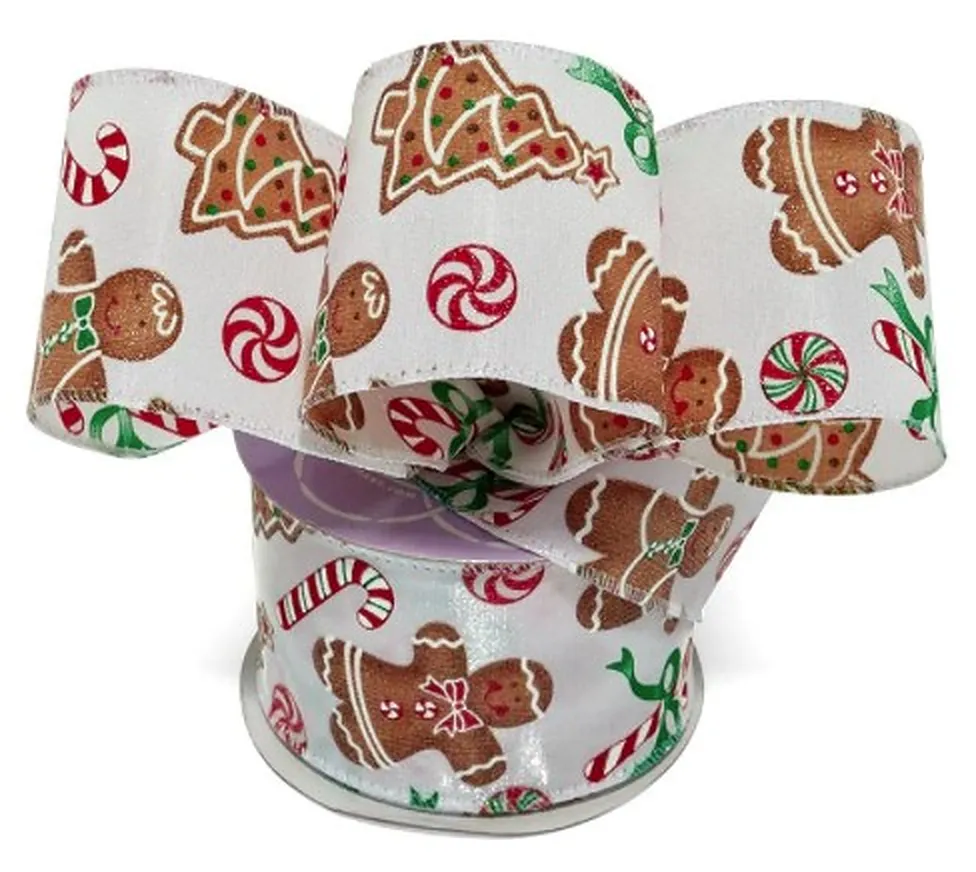 Gingerbread Cookies Wired Christmas Ribbon - 2 1/2" x 10 Yards, Candy Canes