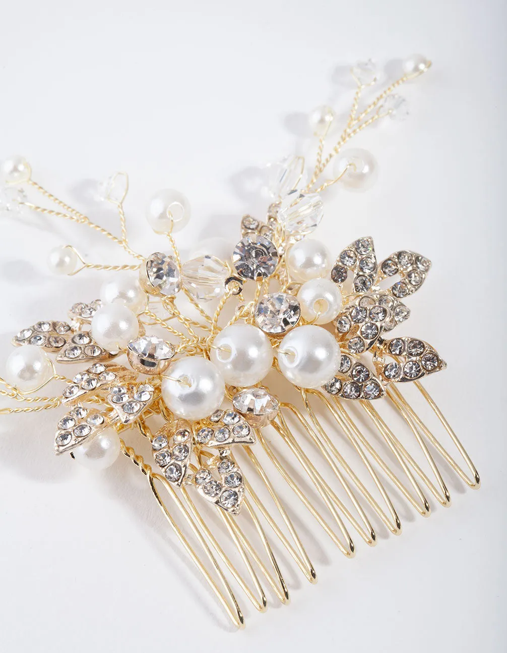 Gold Metal Leaf Diamante Pearl Comb