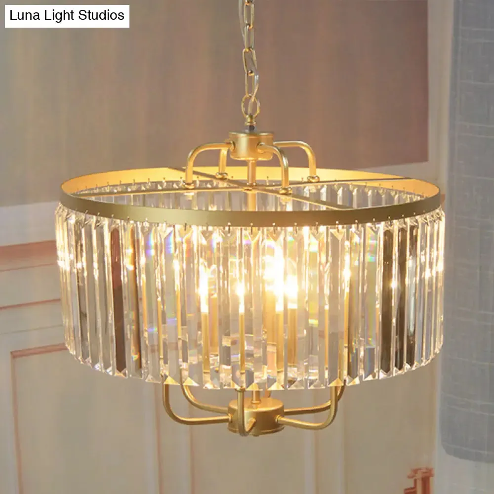 Golden Drum Chandelier with 7 Heads and Tri-Sided Crystal Rods - Modern Hanging Light Fixture