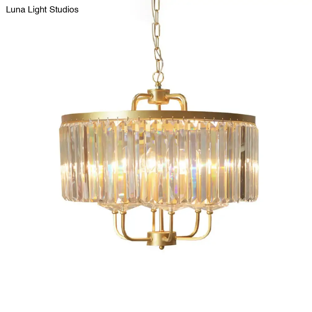 Golden Drum Chandelier with 7 Heads and Tri-Sided Crystal Rods - Modern Hanging Light Fixture