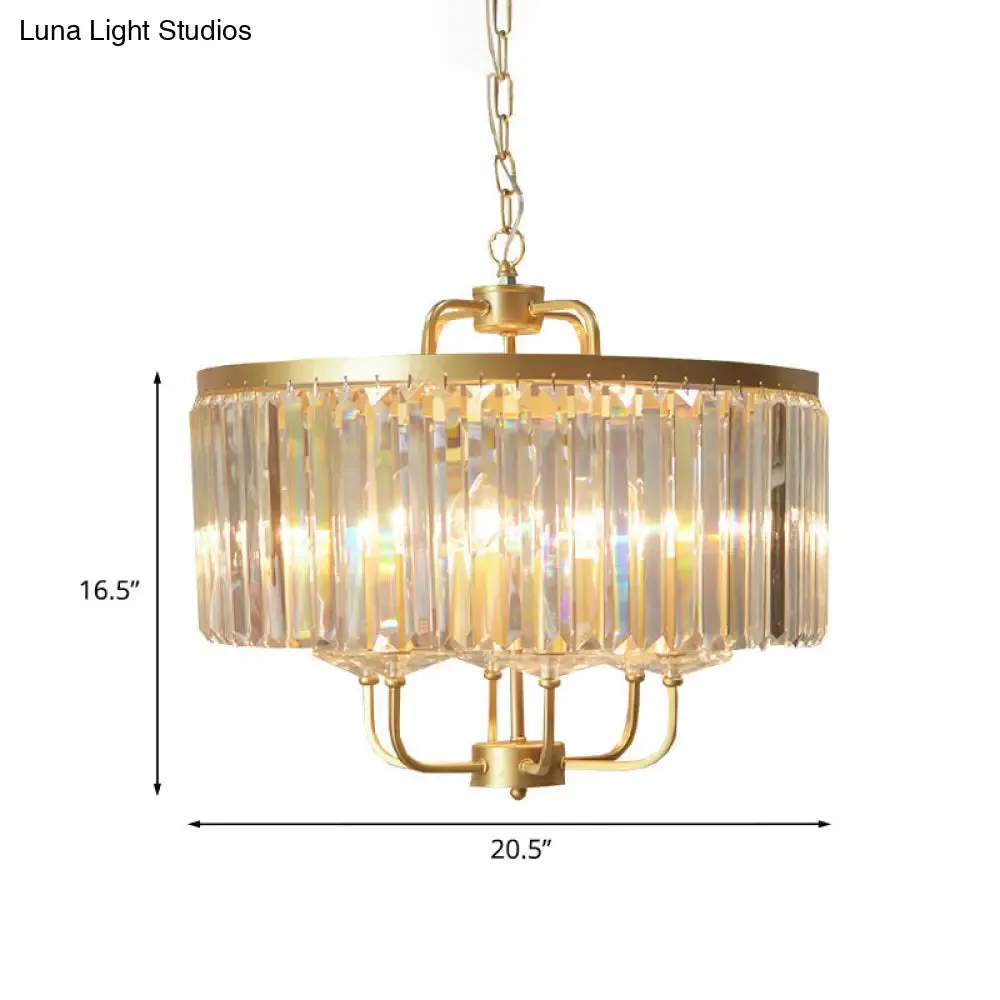 Golden Drum Chandelier with 7 Heads and Tri-Sided Crystal Rods - Modern Hanging Light Fixture