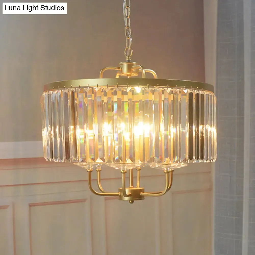 Golden Drum Chandelier with 7 Heads and Tri-Sided Crystal Rods - Modern Hanging Light Fixture