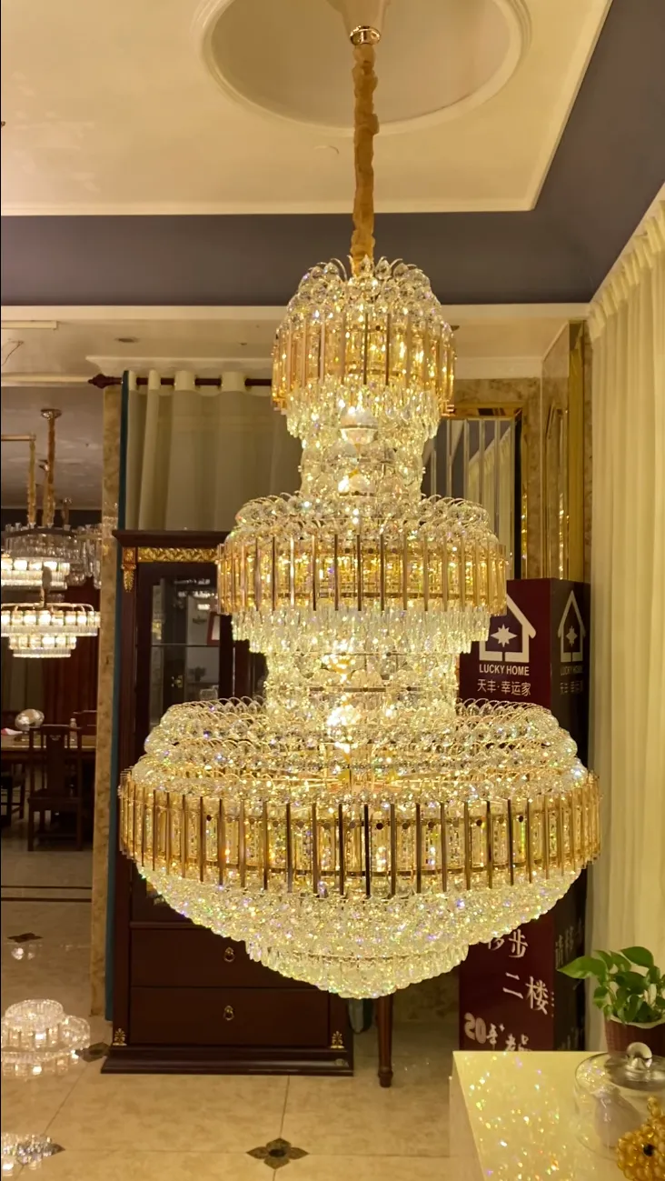 Golden Era Grand Cascade Amber&Clear Crystal Chandelier for High-ceiling