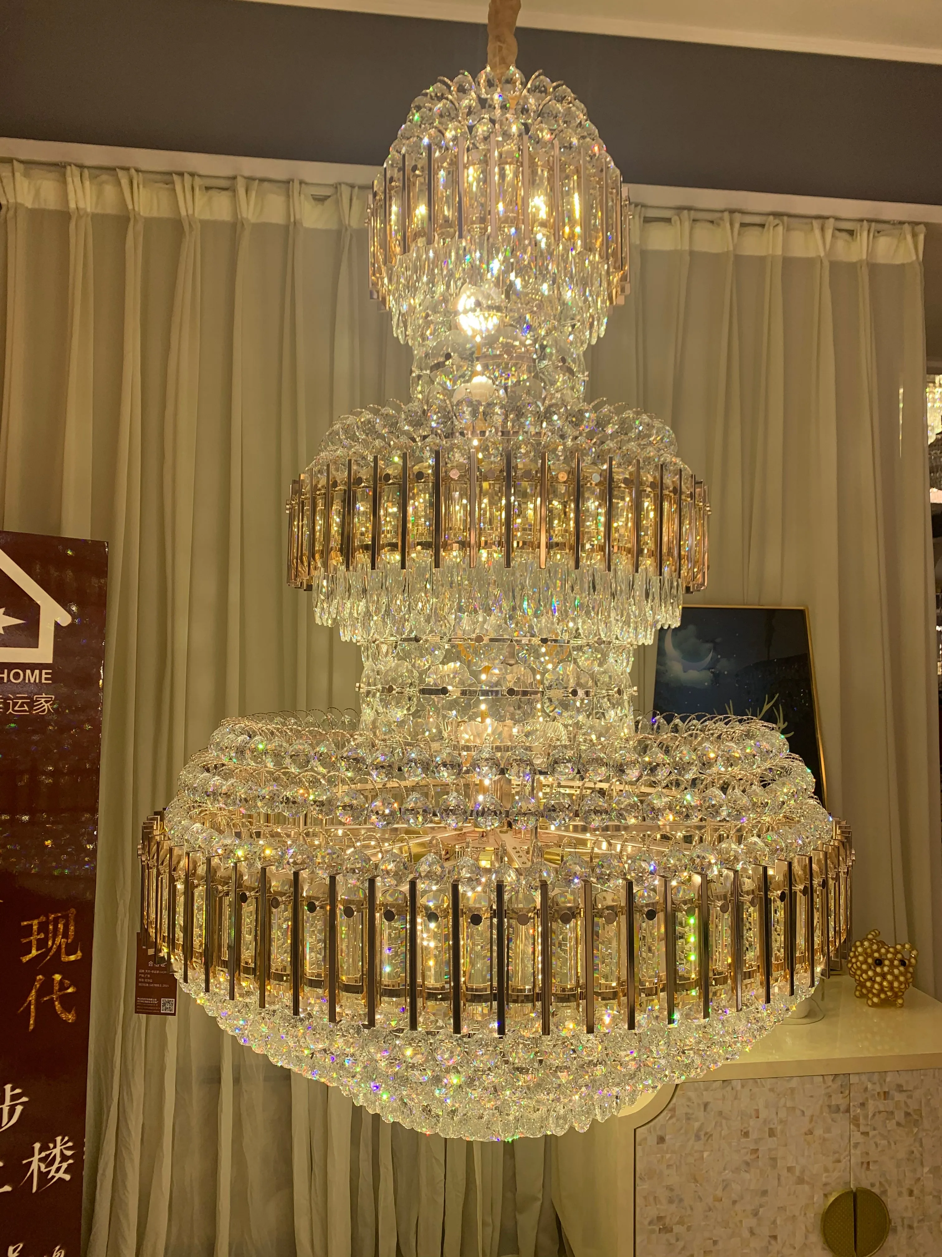 Golden Era Grand Cascade Amber&Clear Crystal Chandelier for High-ceiling