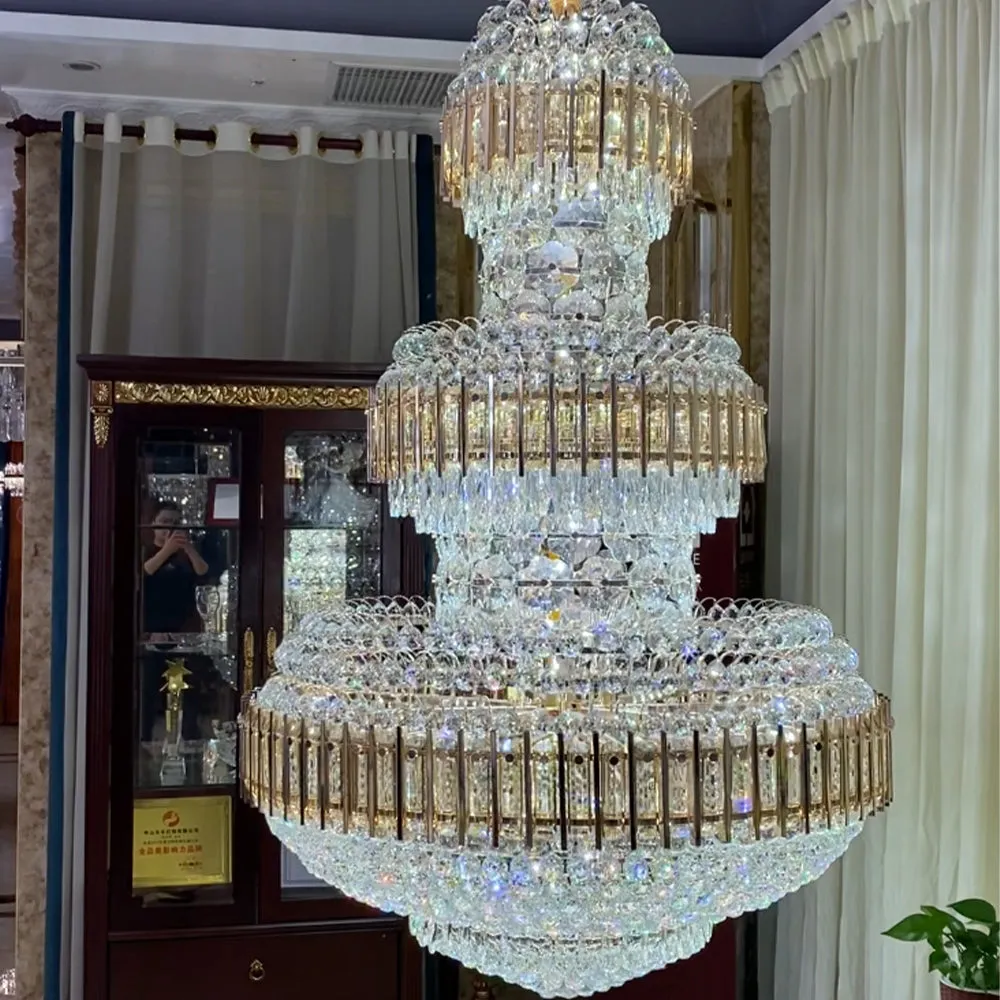 Golden Era Grand Cascade Amber&Clear Crystal Chandelier for High-ceiling