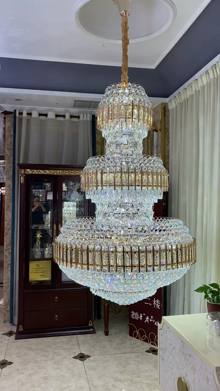 Golden Era Grand Cascade Amber&Clear Crystal Chandelier for High-ceiling