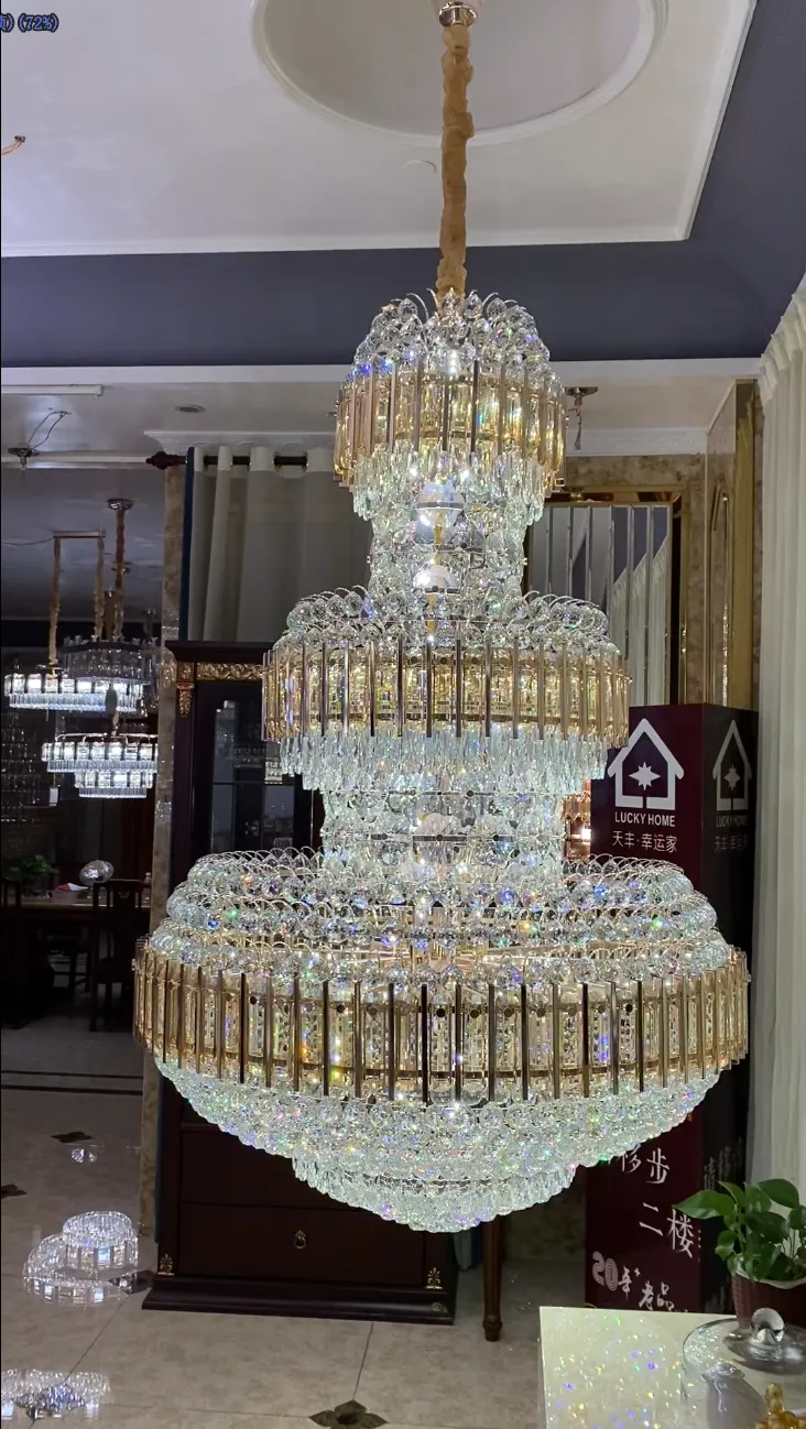 Golden Era Grand Cascade Amber&Clear Crystal Chandelier for High-ceiling