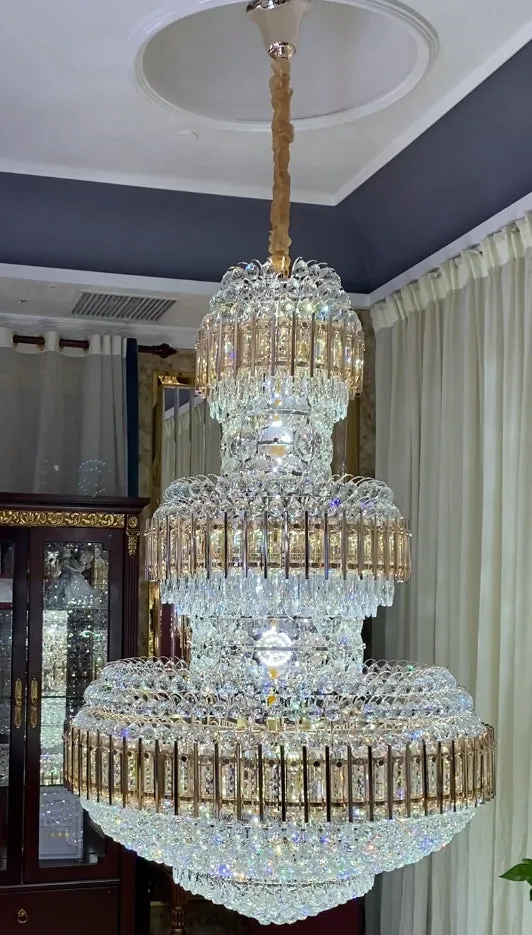 Golden Era Grand Cascade Amber&Clear Crystal Chandelier for High-ceiling