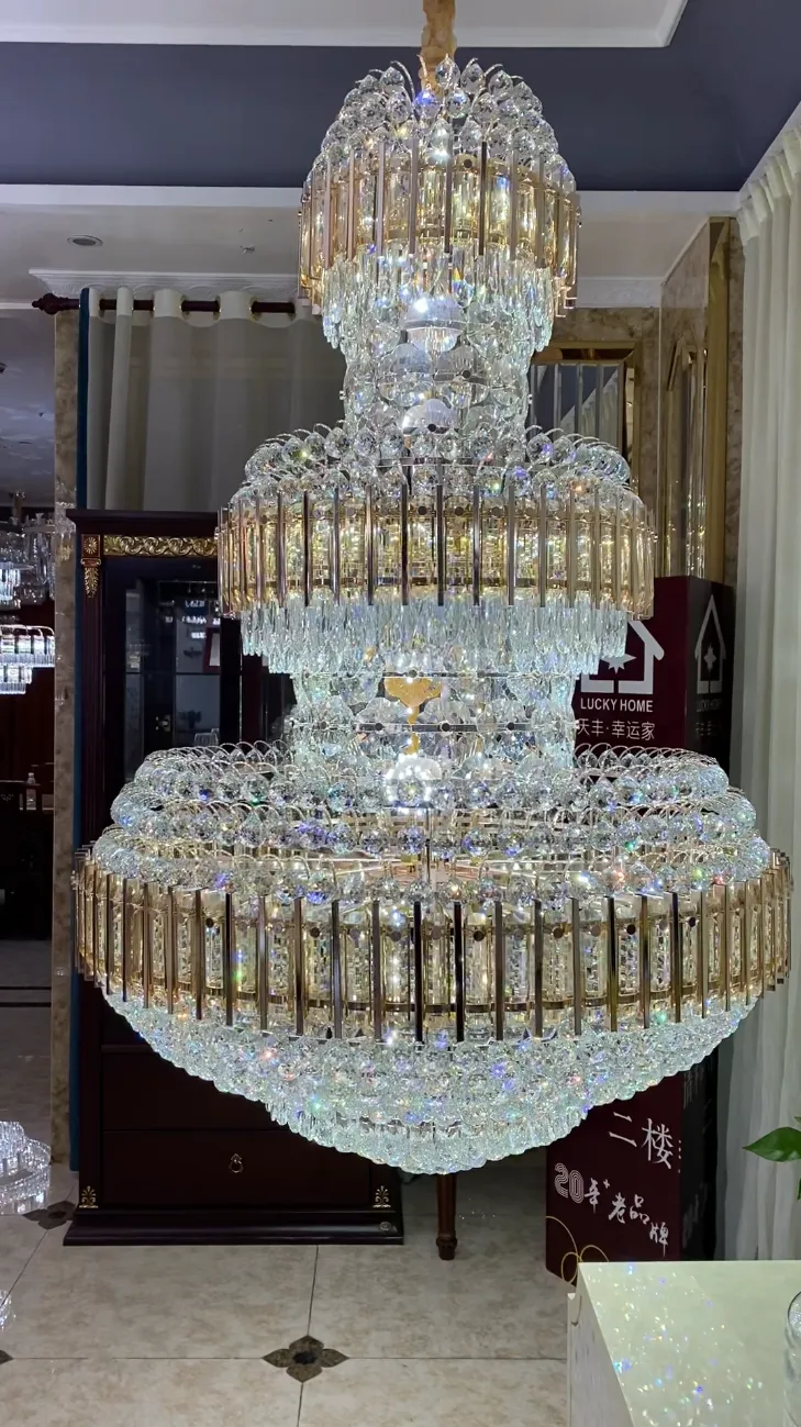 Golden Era Grand Cascade Amber&Clear Crystal Chandelier for High-ceiling