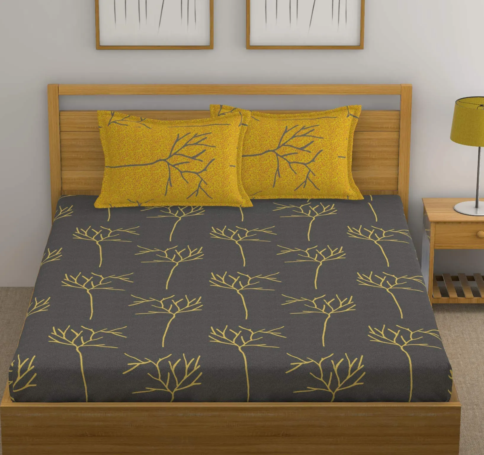 Huesland by Ahmedabad Cotton 144 TC Cotton Bedsheet for Double Bed with 2 Pillow Covers - Grey and Yellow