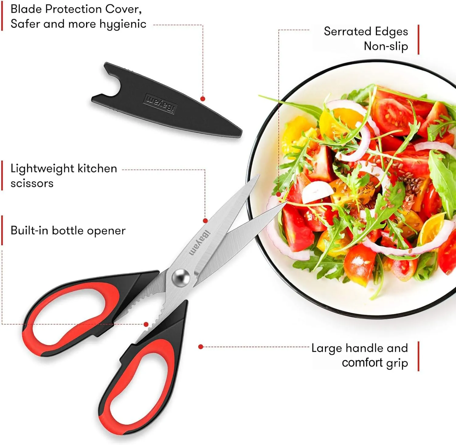 iBayam Kitchen Scissors All Purpose Heavy Duty Meat Poultry Shears, Dishwasher Safe Food Cooking Scissors Stainless Steel Utility Scissors, 2-Pack (Black Red, Black Gray)