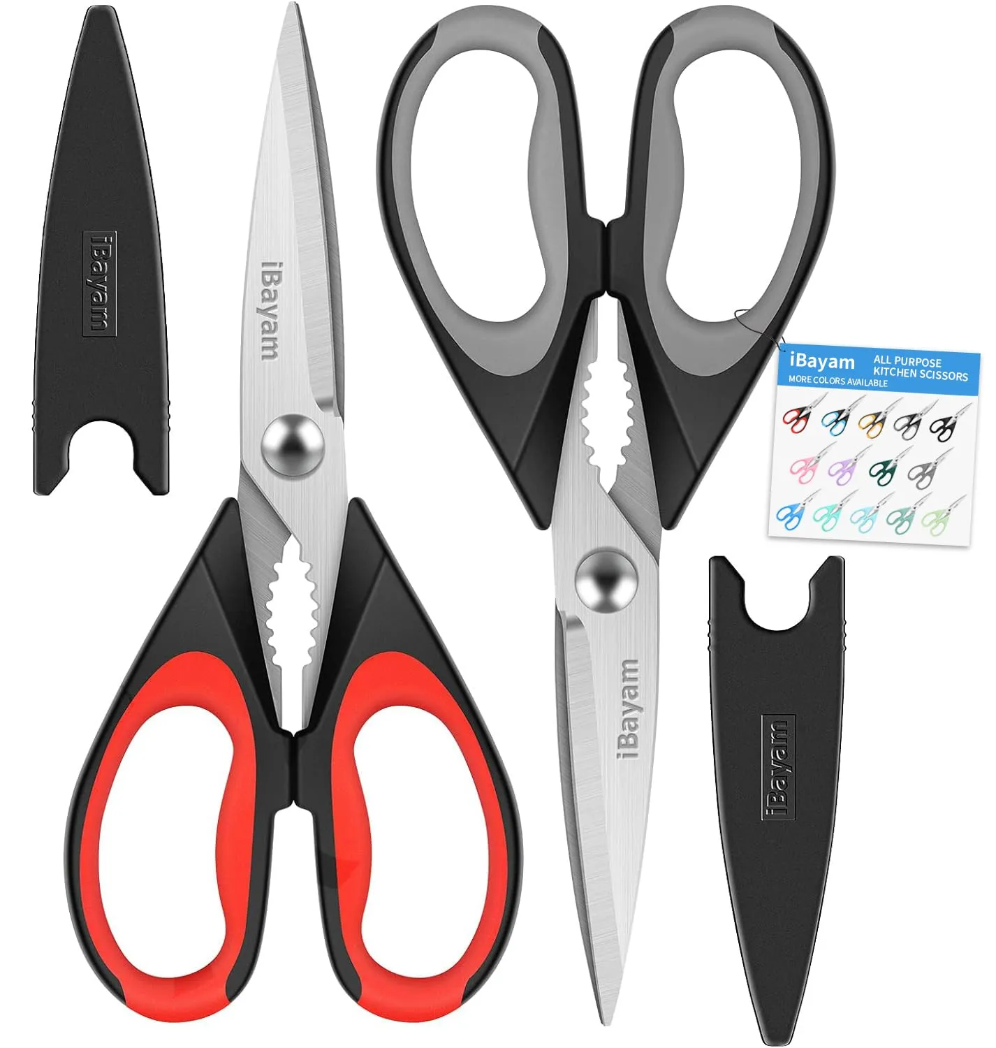 iBayam Kitchen Scissors All Purpose Heavy Duty Meat Poultry Shears, Dishwasher Safe Food Cooking Scissors Stainless Steel Utility Scissors, 2-Pack (Black Red, Black Gray)