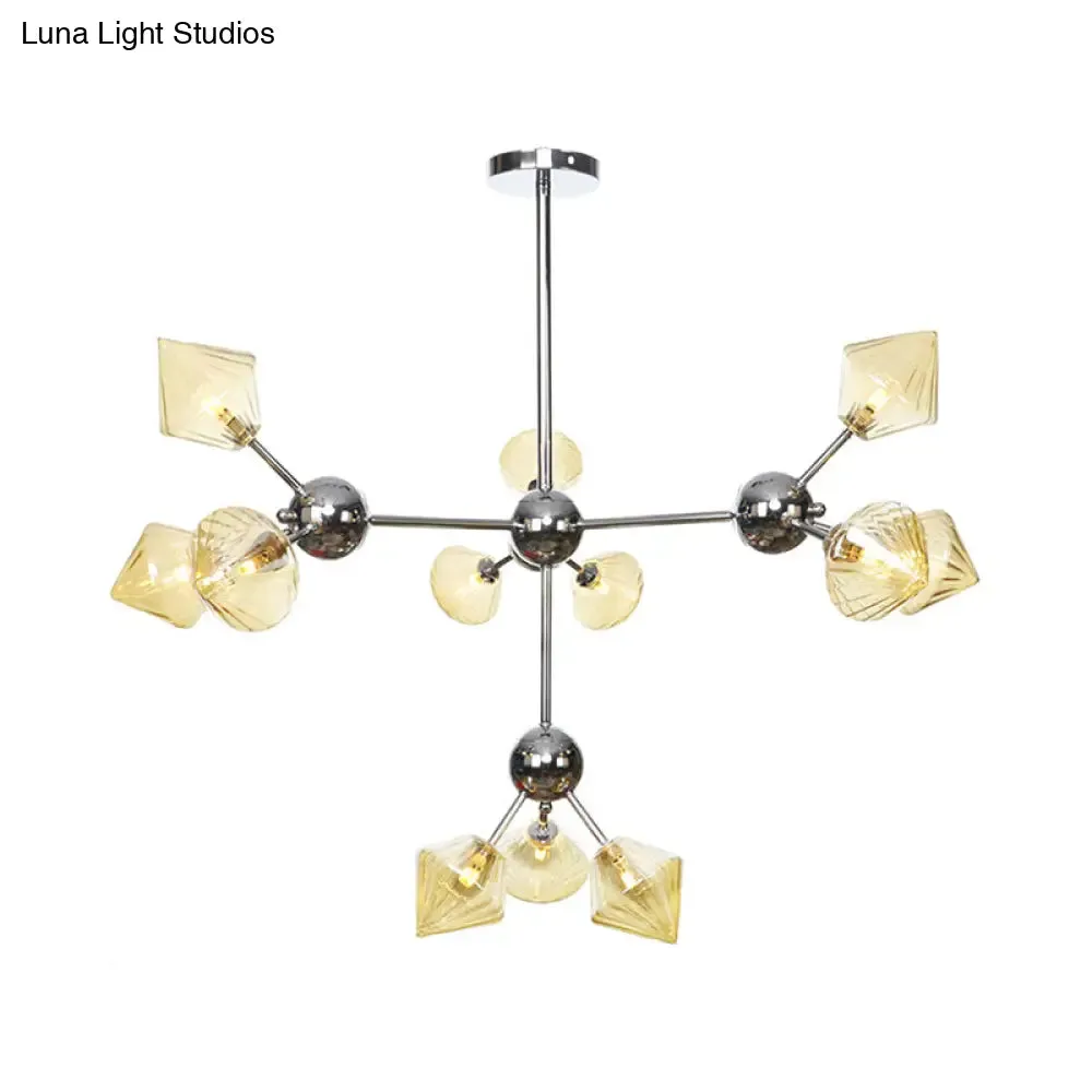 Industrial Stylish Glass Diamond Pendant Light Chandelier - 3/9/12 Bulbs, Amber/Clear Glass, 13"/27.5"/34" Width