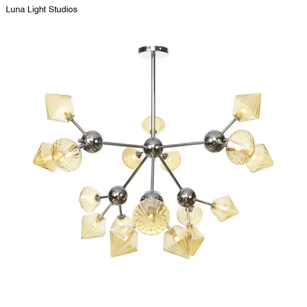 Industrial Stylish Glass Diamond Pendant Light Chandelier - 3/9/12 Bulbs, Amber/Clear Glass, 13"/27.5"/34" Width