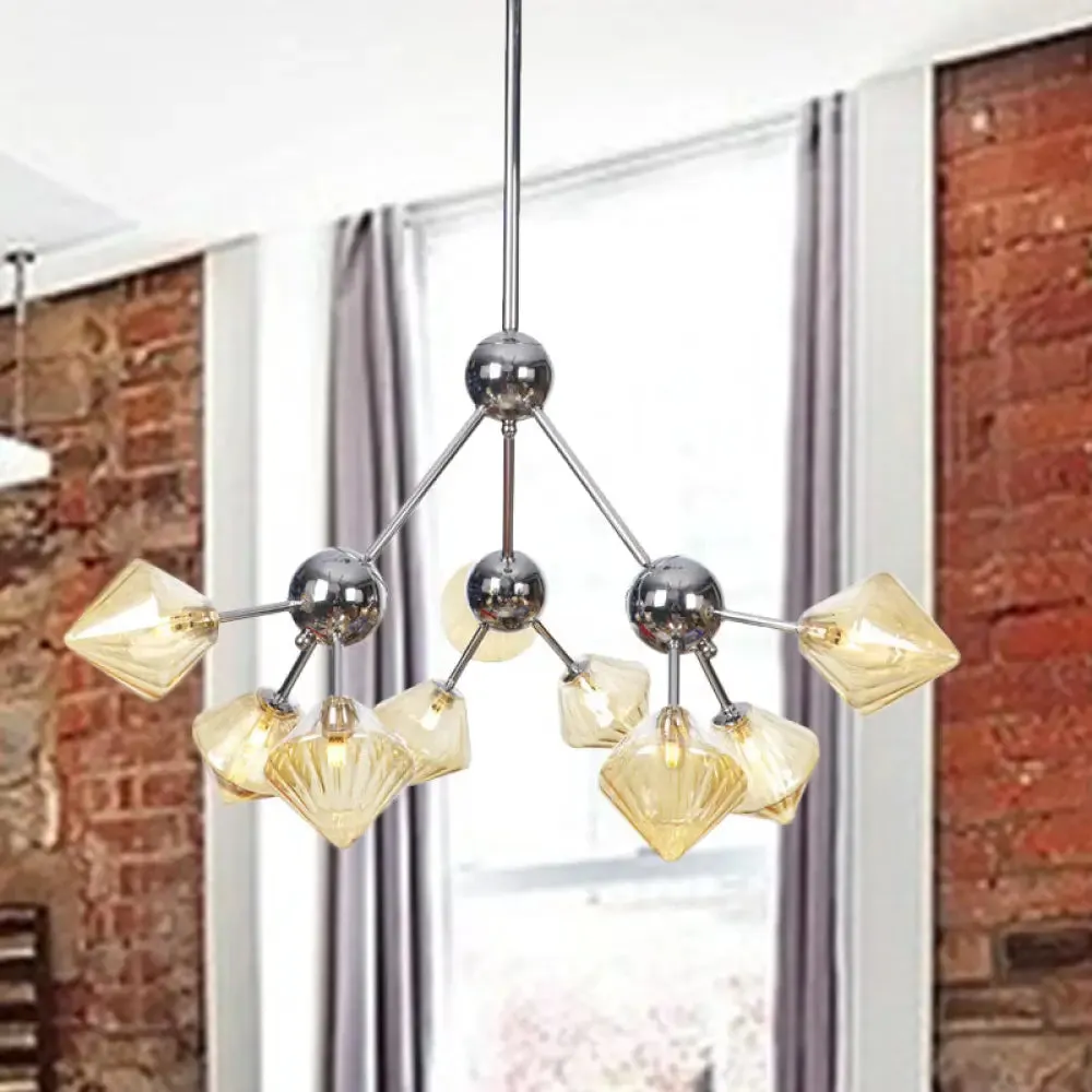 Industrial Stylish Glass Diamond Pendant Light Chandelier - 3/9/12 Bulbs, Amber/Clear Glass, 13"/27.5"/34" Width