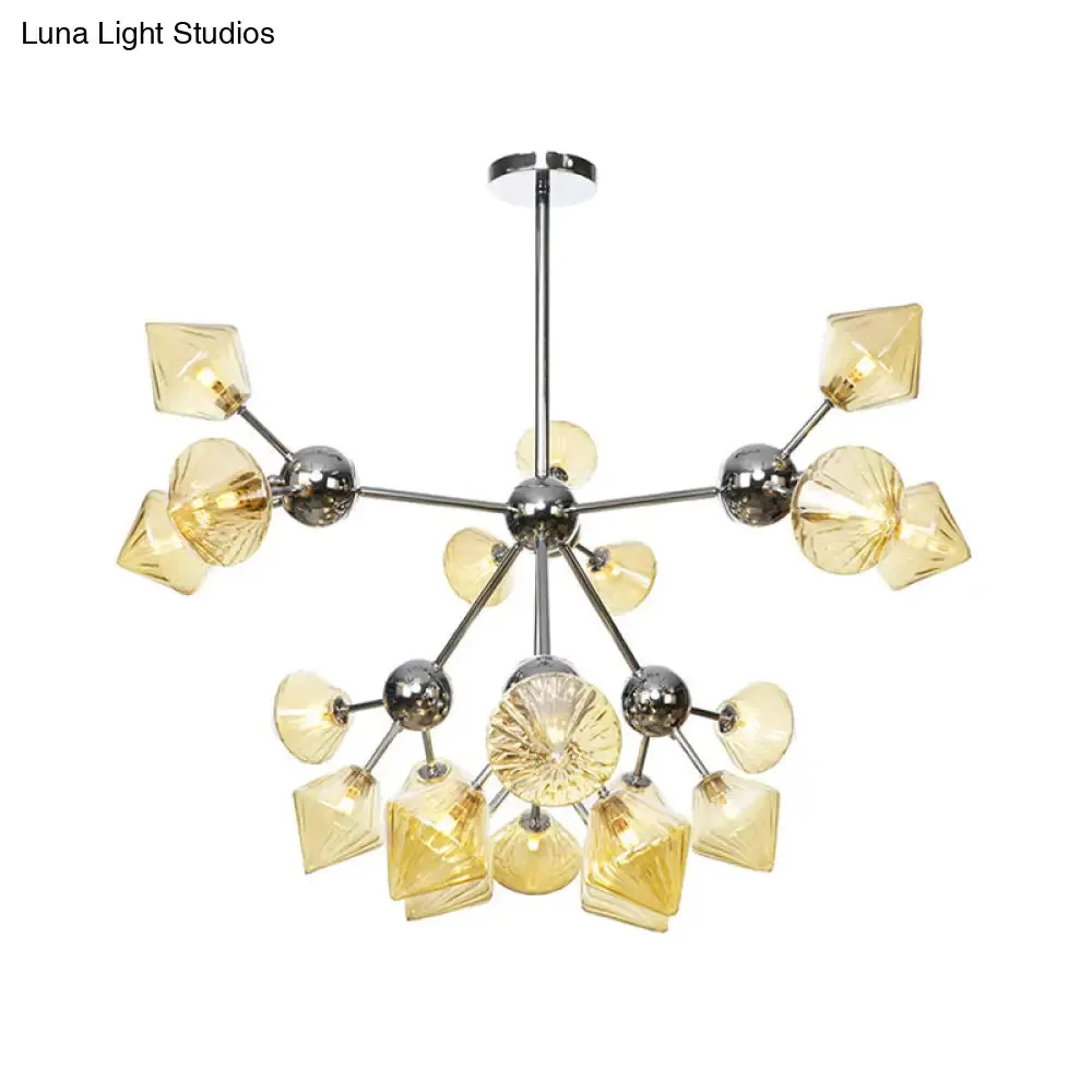 Industrial Stylish Glass Diamond Pendant Light Chandelier - 3/9/12 Bulbs, Amber/Clear Glass, 13"/27.5"/34" Width