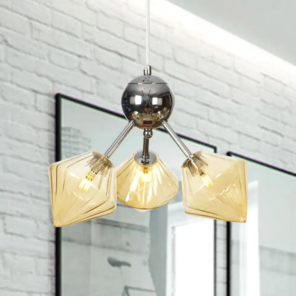 Industrial Stylish Glass Diamond Pendant Light Chandelier - 3/9/12 Bulbs, Amber/Clear Glass, 13"/27.5"/34" Width