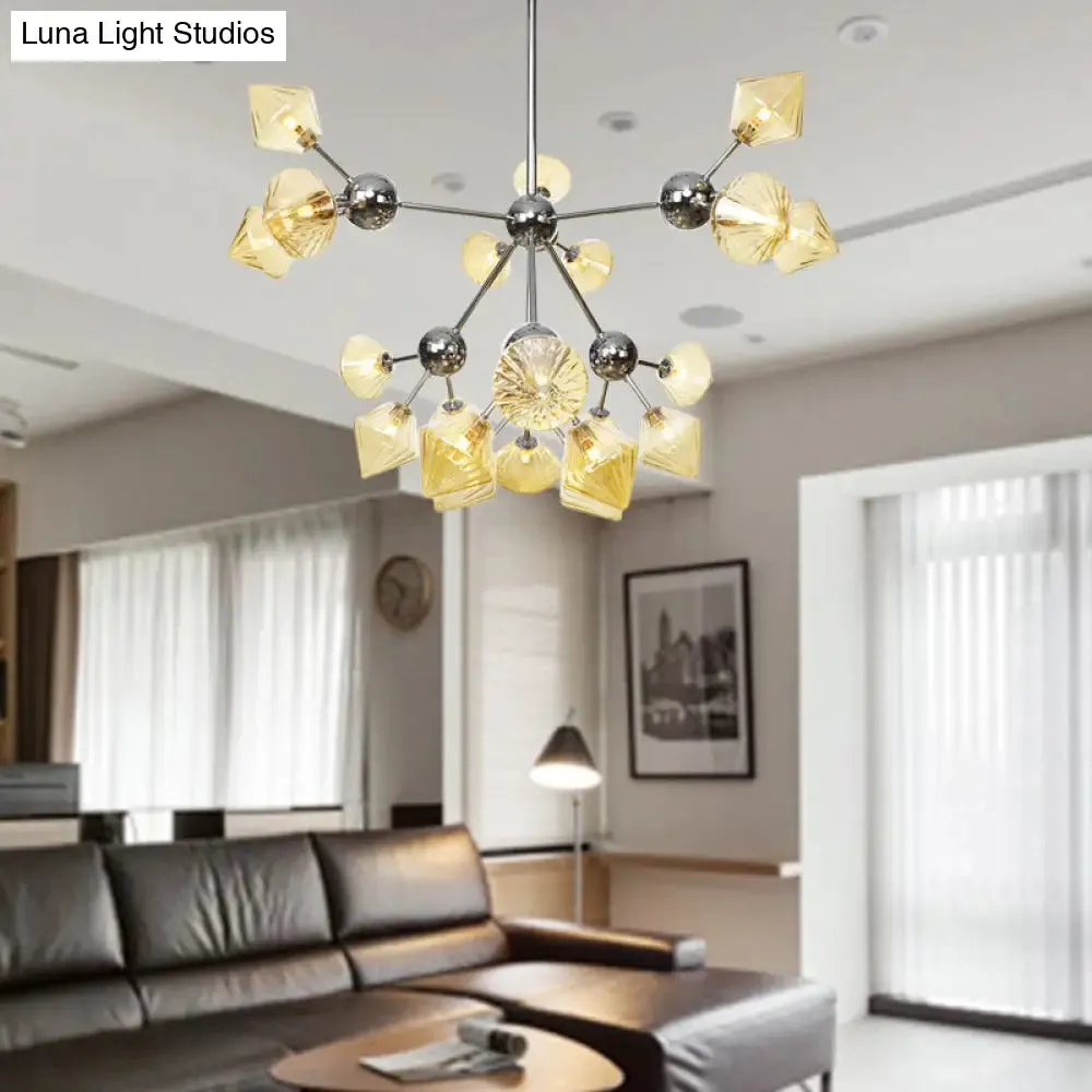 Industrial Stylish Glass Diamond Pendant Light Chandelier - 3/9/12 Bulbs, Amber/Clear Glass, 13"/27.5"/34" Width