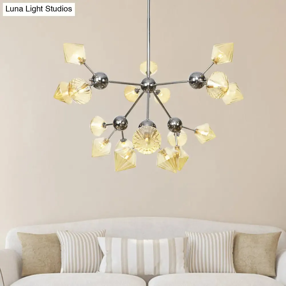 Industrial Stylish Glass Diamond Pendant Light Chandelier - 3/9/12 Bulbs, Amber/Clear Glass, 13"/27.5"/34" Width