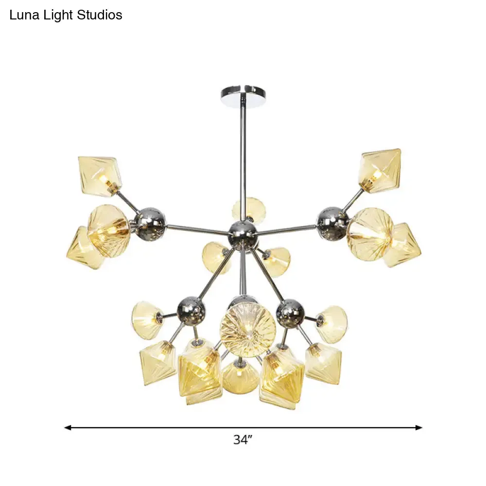 Industrial Stylish Glass Diamond Pendant Light Chandelier - 3/9/12 Bulbs, Amber/Clear Glass, 13"/27.5"/34" Width