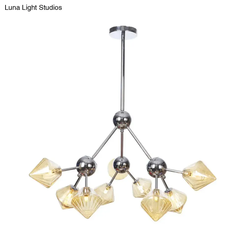 Industrial Stylish Glass Diamond Pendant Light Chandelier - 3/9/12 Bulbs, Amber/Clear Glass, 13"/27.5"/34" Width