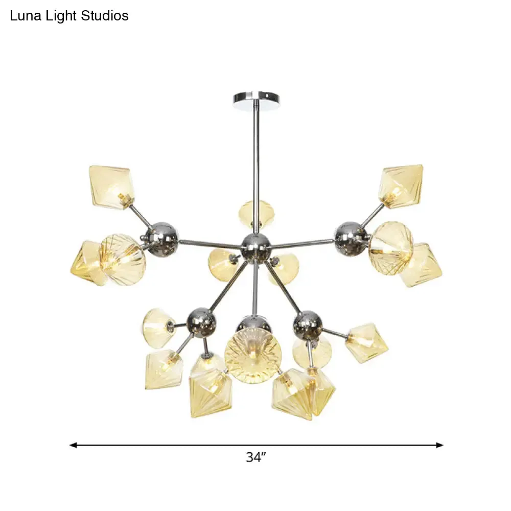 Industrial Stylish Glass Diamond Pendant Light Chandelier - 3/9/12 Bulbs, Amber/Clear Glass, 13"/27.5"/34" Width