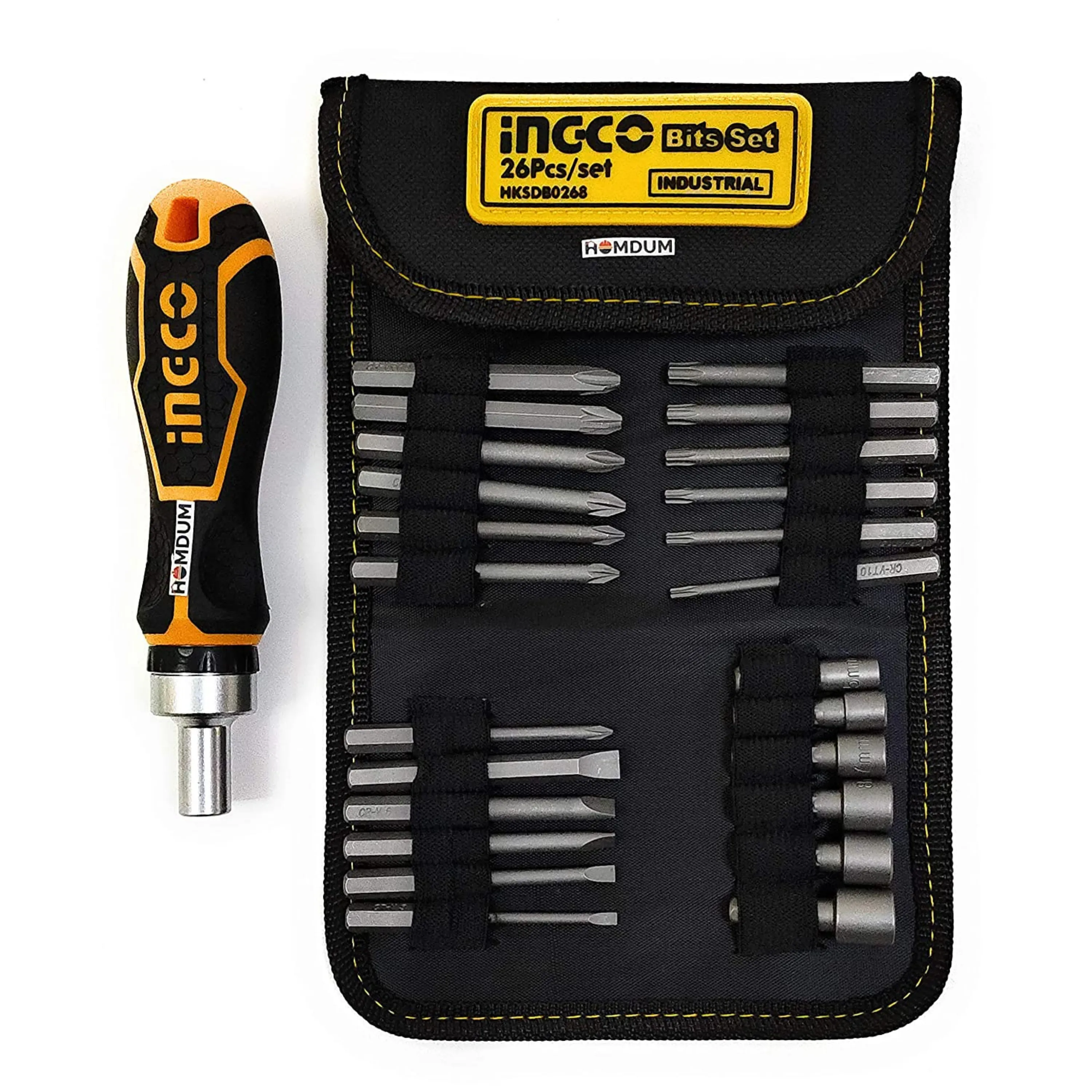 Ingco Screwdriver bit Set – 26 Pieces Screwdriver Accessories - Anti-Slip Handle – Chrome Vanadium Steel bits –26 Pieces Multiple Sizes bits – Belt-Mount Storage Pouch