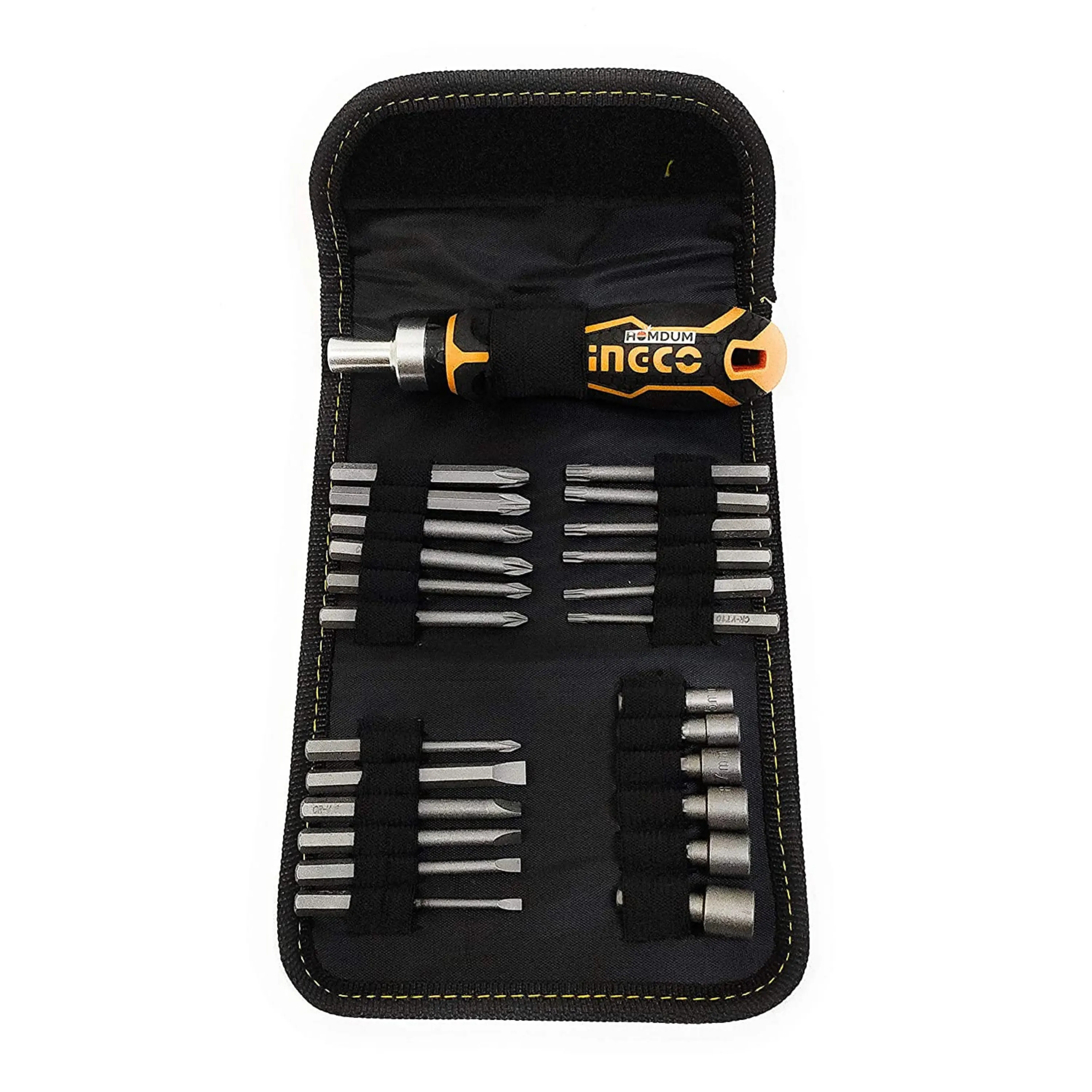 Ingco Screwdriver bit Set – 26 Pieces Screwdriver Accessories - Anti-Slip Handle – Chrome Vanadium Steel bits –26 Pieces Multiple Sizes bits – Belt-Mount Storage Pouch