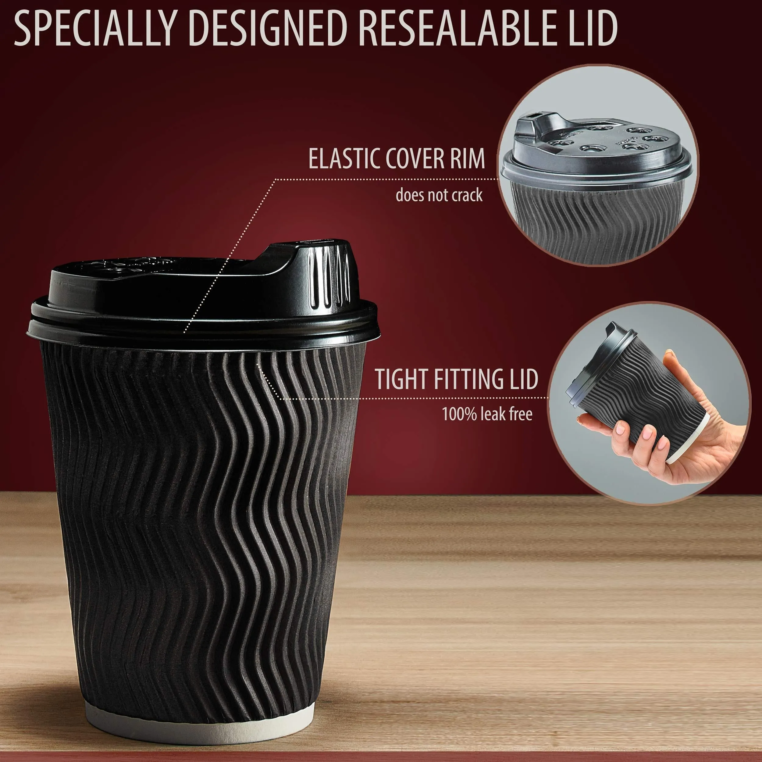 Insulated Disposable Coffee Cups with Lids & Straws 12 oz 100 Packs