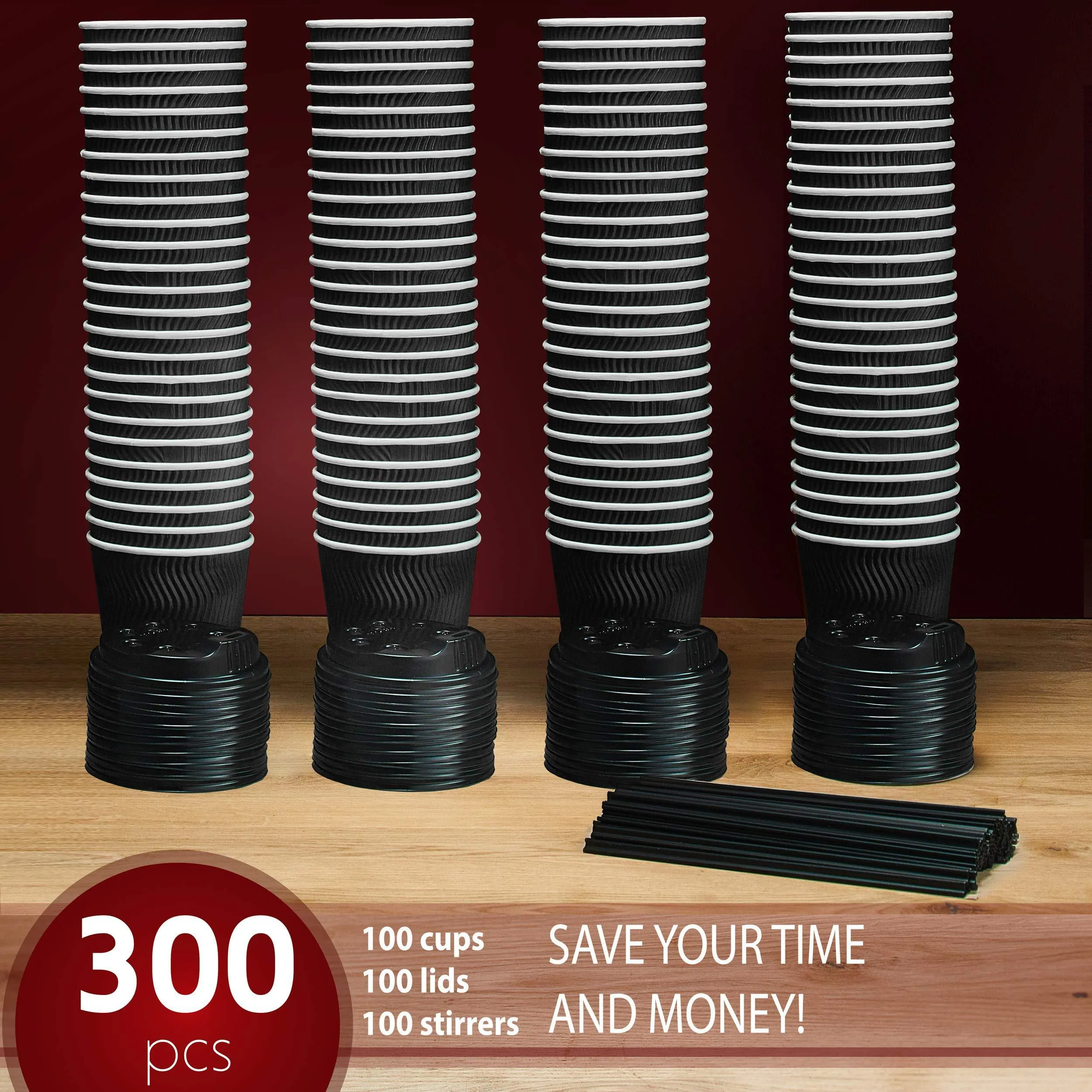 Insulated Disposable Coffee Cups with Lids & Straws 12 oz 100 Packs