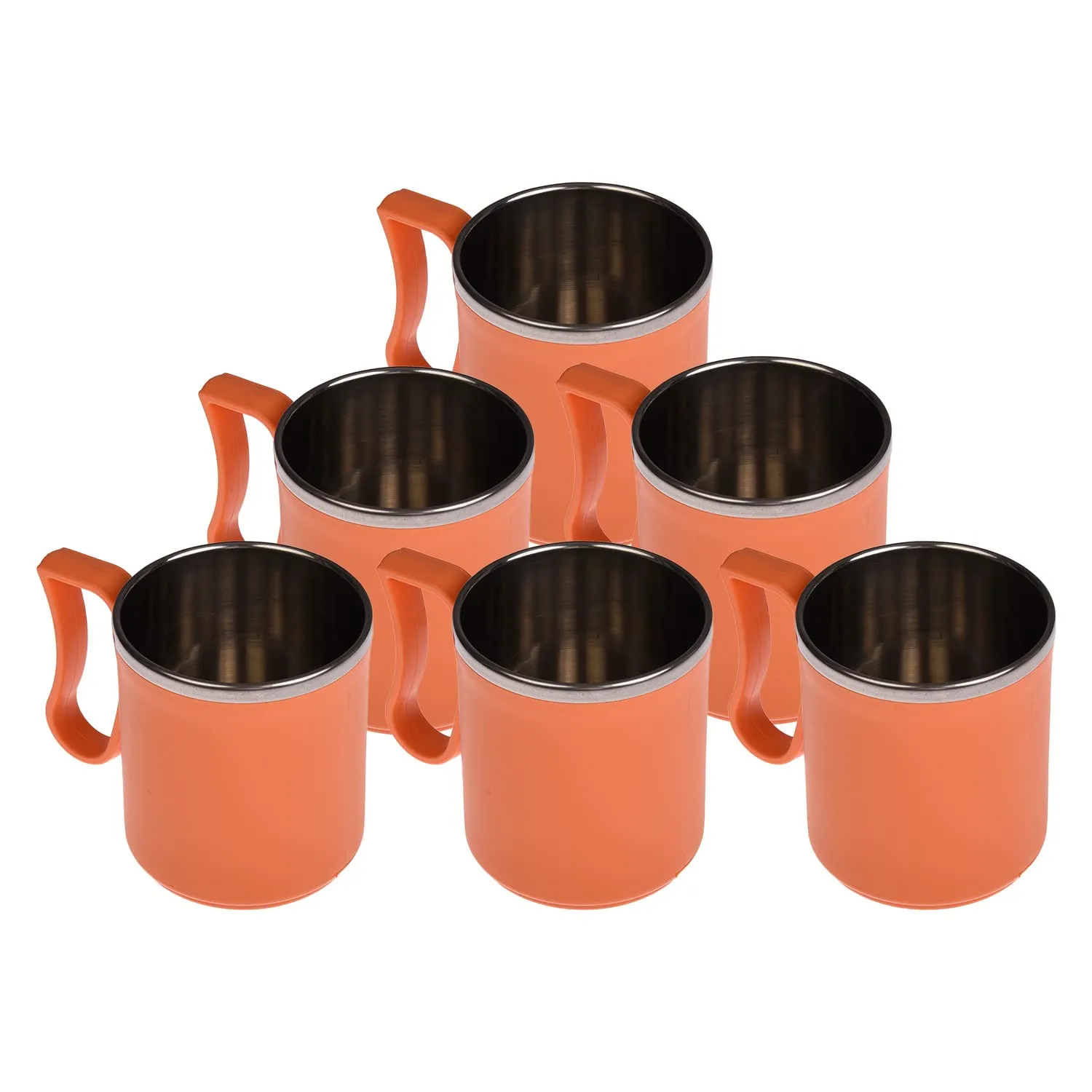 Kuber Industries Coffee Mug|Inside Stainless Steel Double Wall Tea Cup|Outside Plastic Stylish Milk Mug for Kids & Adults|Pack of 6 (Orange)