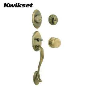 Kwikset - 800SEXJ - Shelburne Handleset w/ Juno Knob - Oval Rose - 5 - Antique Brass - Entrance - KW1 - SmartKey Technology - Grade 1