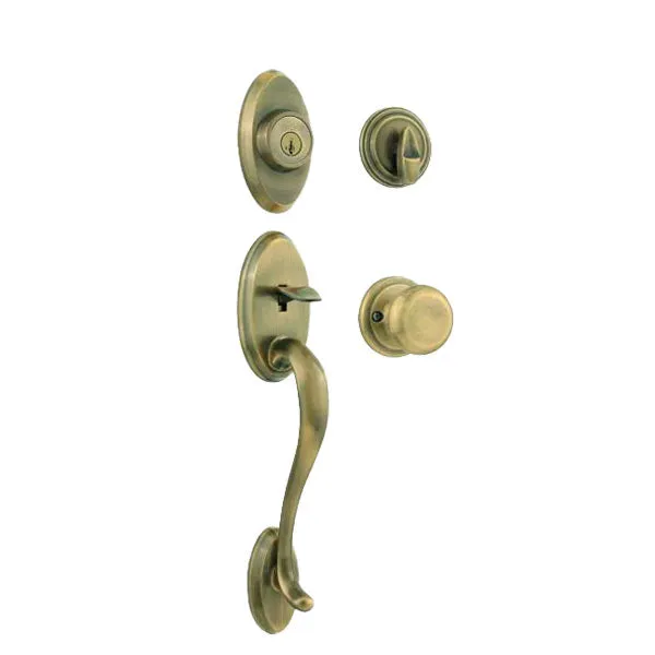 Kwikset - 800SEXJ - Shelburne Handleset w/ Juno Knob - Oval Rose - 5 - Antique Brass - Entrance - KW1 - SmartKey Technology - Grade 1