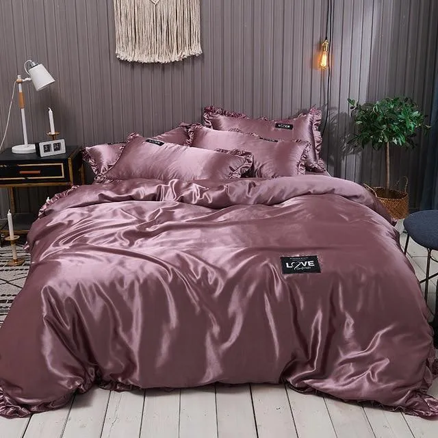 Lace Pure Satin Silk Bedding Set Adult Luxury Duvet Covers With Pillowcase Single Double Queen King Bed Sheet Bedclothes White