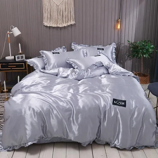 Lace Pure Satin Silk Bedding Set Adult Luxury Duvet Covers With Pillowcase Single Double Queen King Bed Sheet Bedclothes White