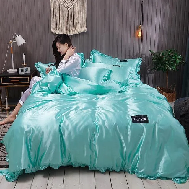 Lace Pure Satin Silk Bedding Set Adult Luxury Duvet Covers With Pillowcase Single Double Queen King Bed Sheet Bedclothes White