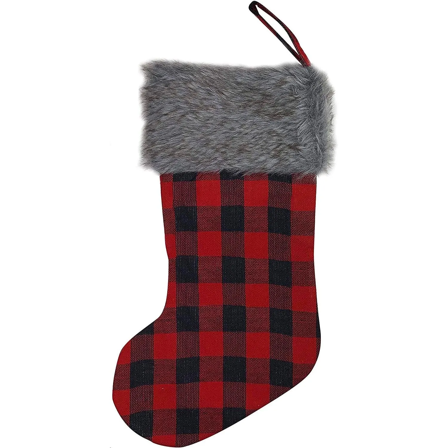 Large Buffalo Plaid Christmas Stocking - 20" H, 8" W, Grey Faux Fur Cuff