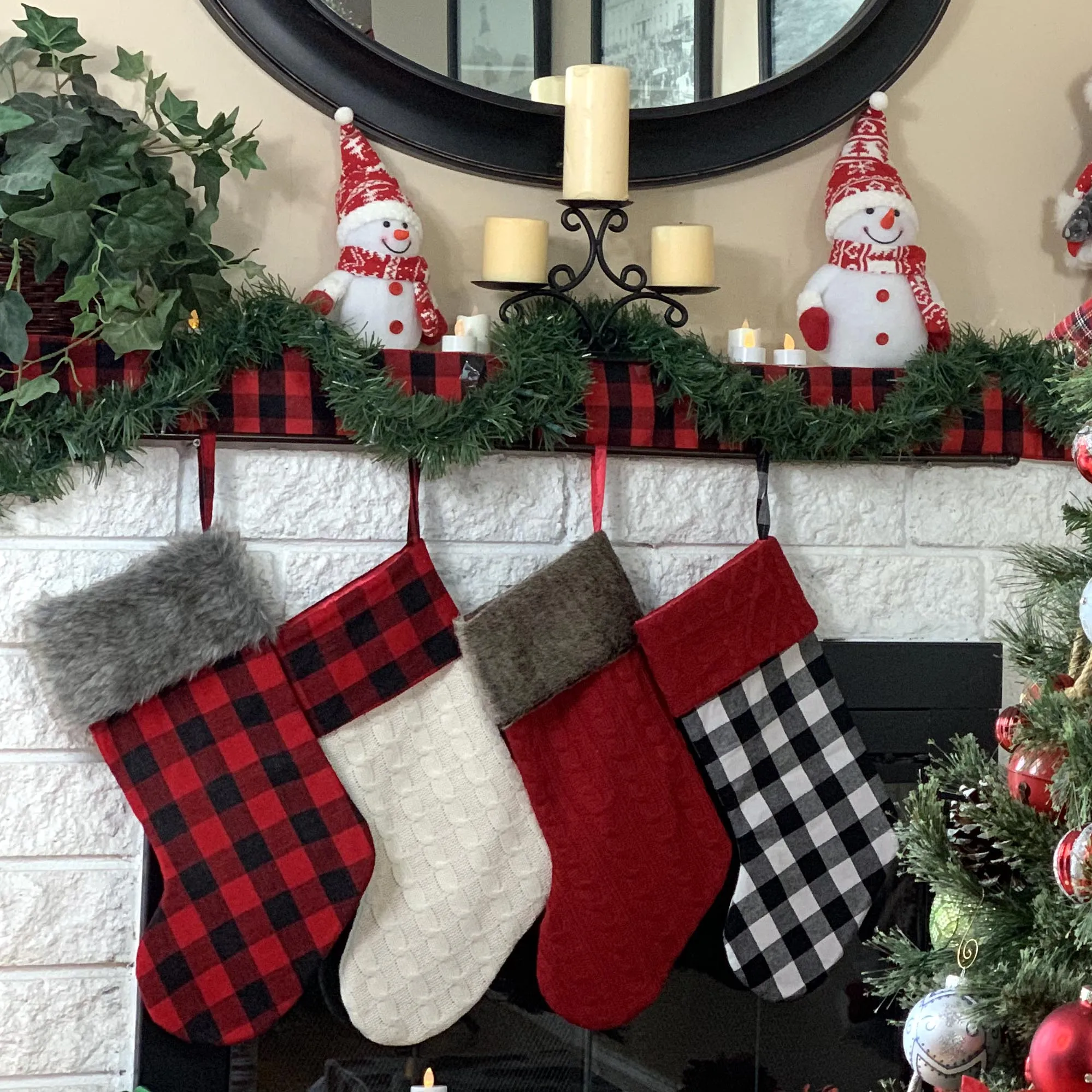 Large Buffalo Plaid Christmas Stocking - 20" H, 8" W, Grey Faux Fur Cuff