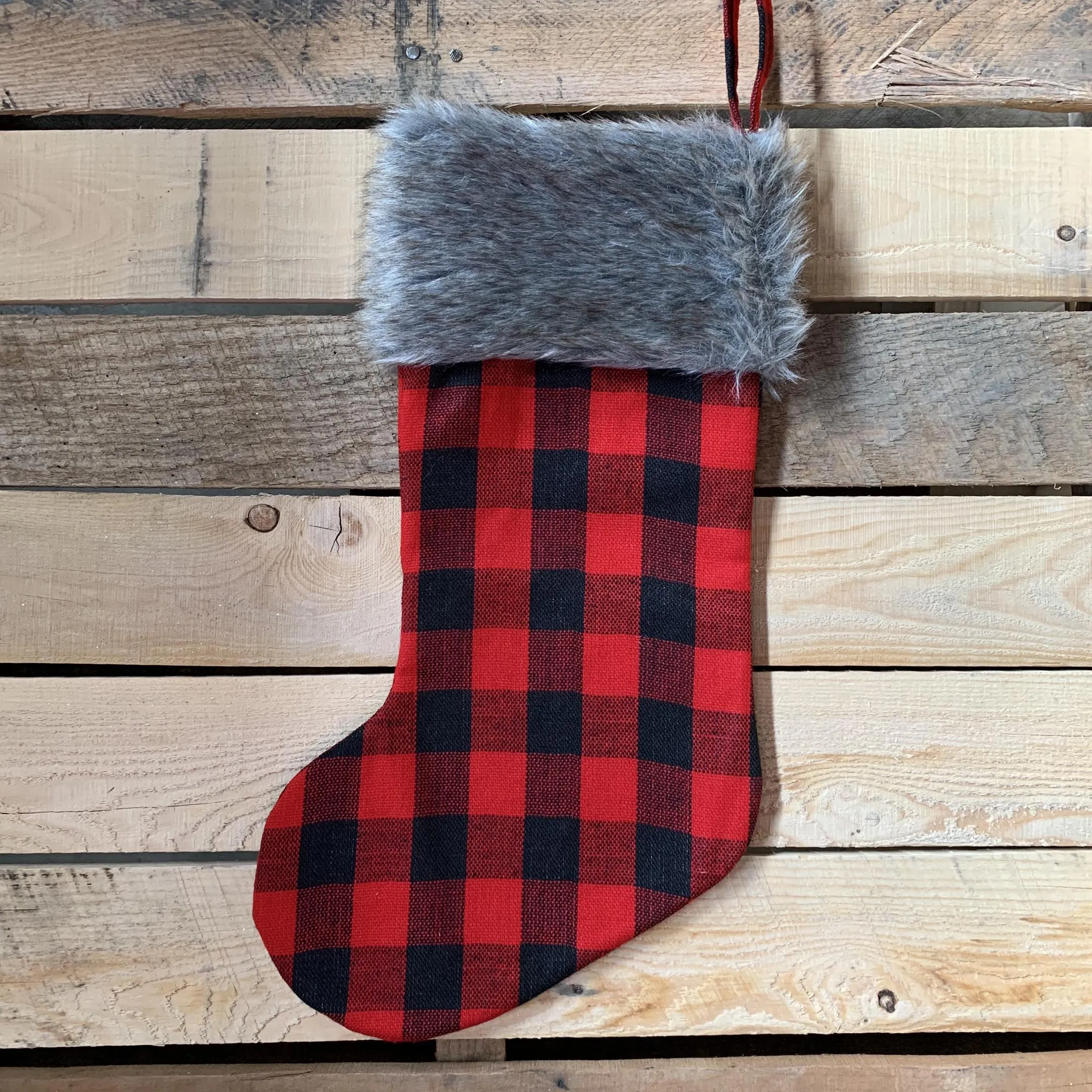 Large Buffalo Plaid Christmas Stocking - 20" H, 8" W, Grey Faux Fur Cuff