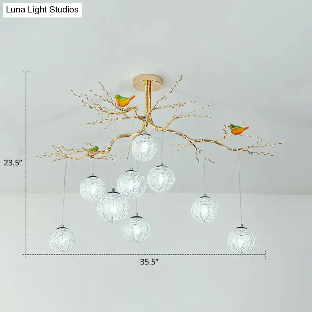 LED Ball Tree Chandelier: Artistic Gold Hanging Lamp with Bird Decor, Aluminum Wire