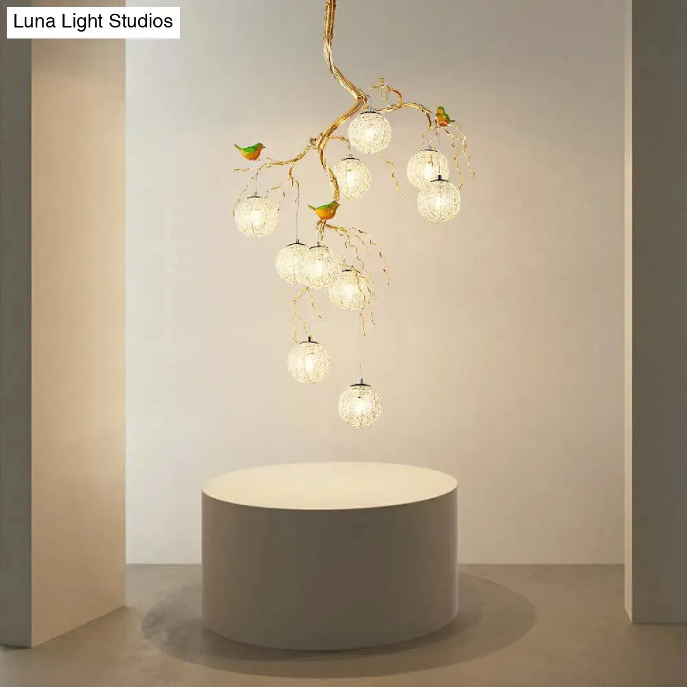 LED Ball Tree Chandelier: Artistic Gold Hanging Lamp with Bird Decor, Aluminum Wire