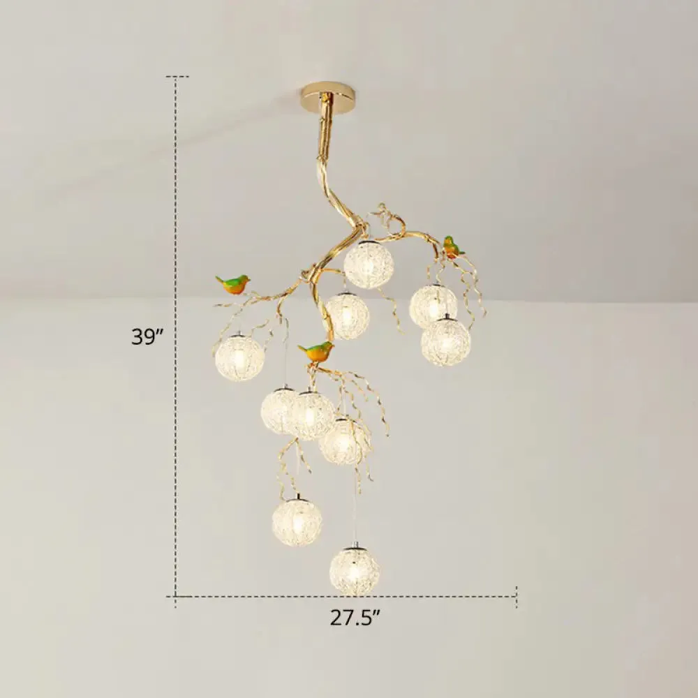 LED Ball Tree Chandelier: Artistic Gold Hanging Lamp with Bird Decor, Aluminum Wire