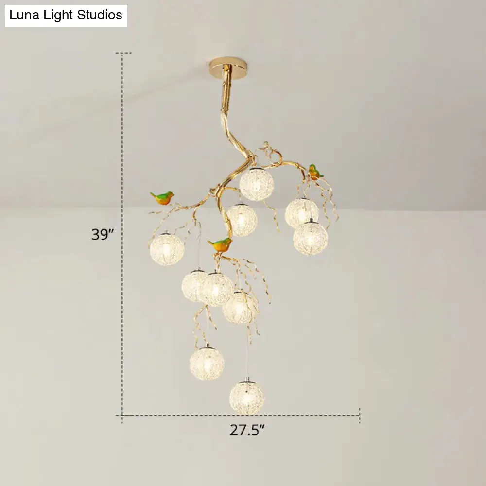 LED Ball Tree Chandelier: Artistic Gold Hanging Lamp with Bird Decor, Aluminum Wire