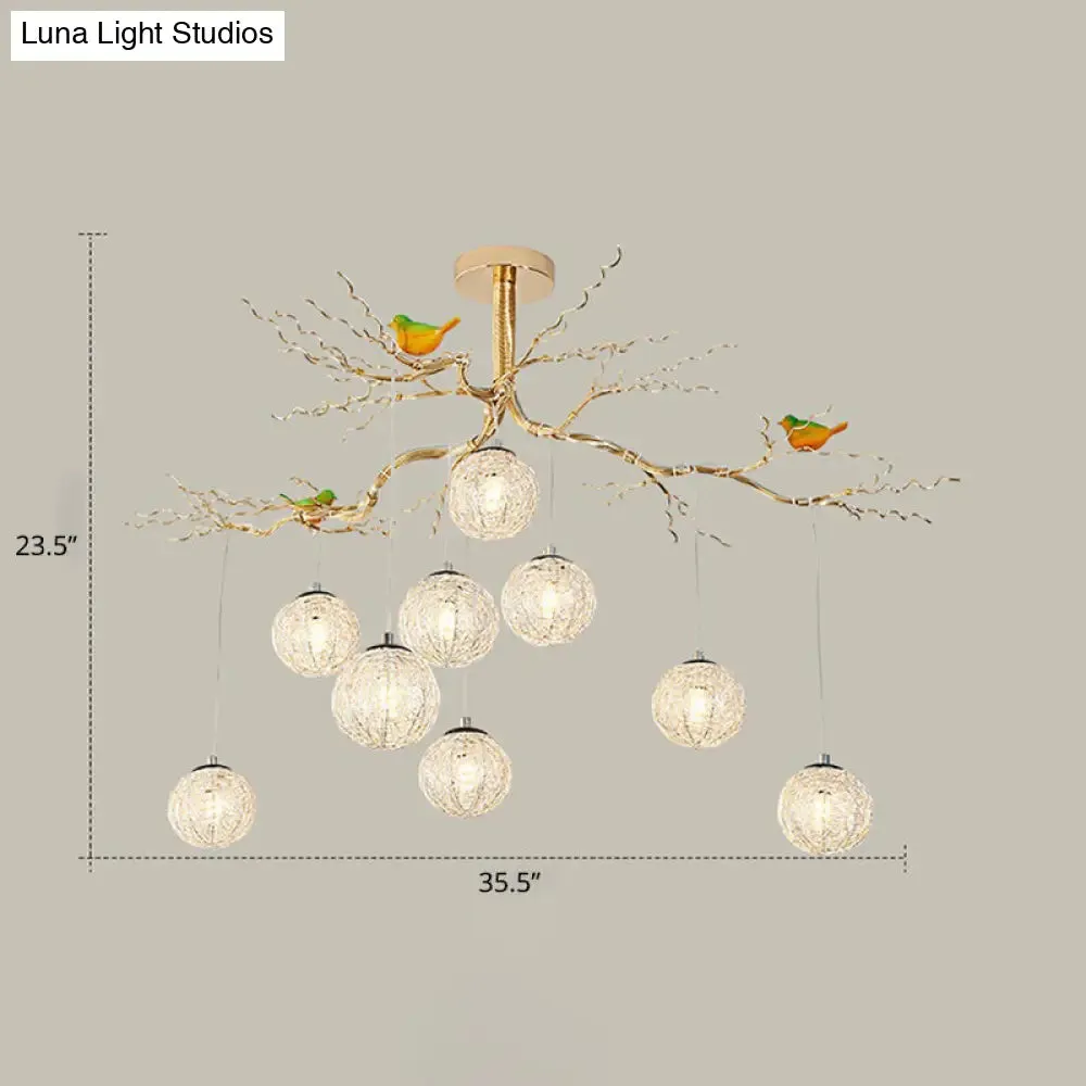 LED Ball Tree Chandelier: Artistic Gold Hanging Lamp with Bird Decor, Aluminum Wire