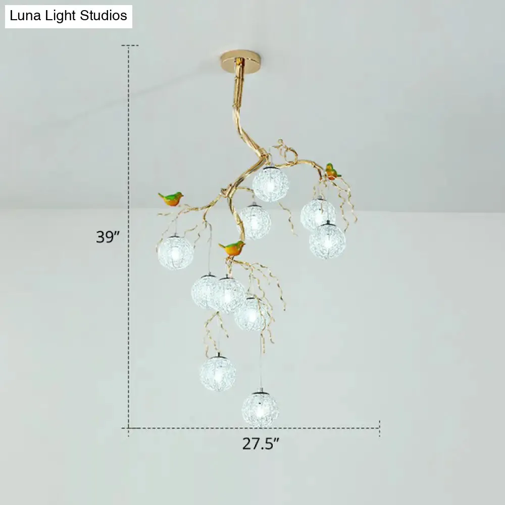 LED Ball Tree Chandelier: Artistic Gold Hanging Lamp with Bird Decor, Aluminum Wire