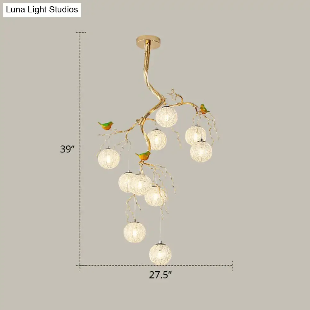 LED Ball Tree Chandelier: Artistic Gold Hanging Lamp with Bird Decor, Aluminum Wire