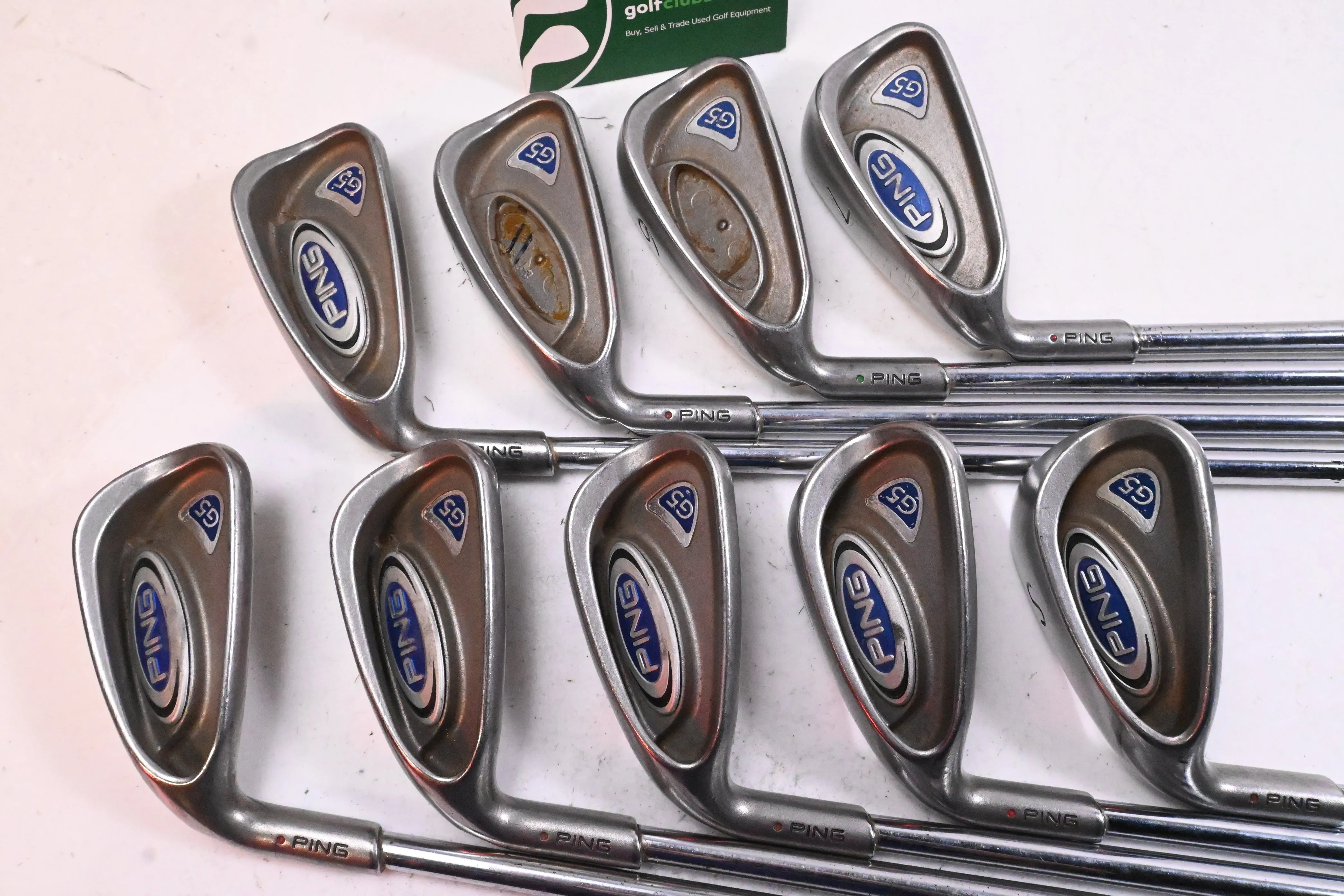 Left Hand Ping G5 Irons / 4-PW UW SW / Red Dot / Regular Flex Ping AWT Shafts