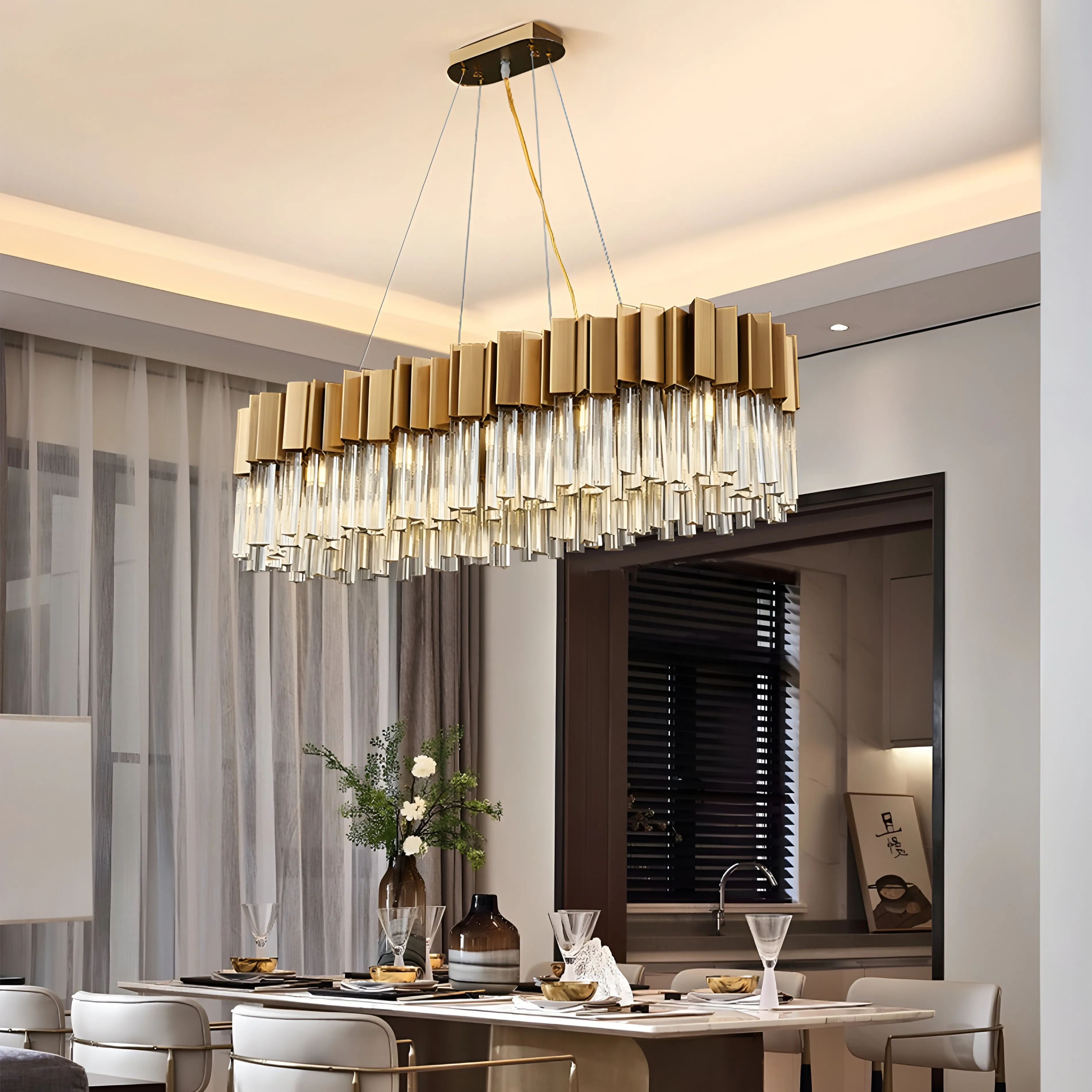 Les Ferres | Modern Gold Crystal Rectangle Chandelier