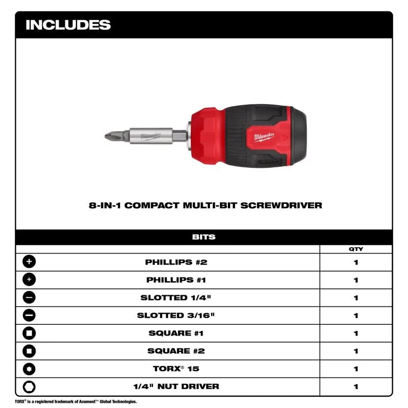 Milwaukee Hex Shank 8-in-1 Compact Multi-Bit Screwdriver 4.69 in. 1 pc