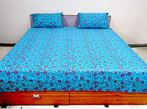 Miyanbazaz Textiles 100% Cotton Double Bedsheet with 2 Pillow Covers - Multi (Sky Blue)